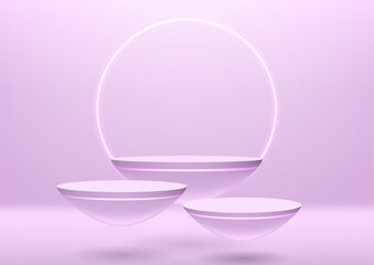 Three circular platforms float on  bright pale pink background. Modern product display backgrounds to promote your luxury products. 