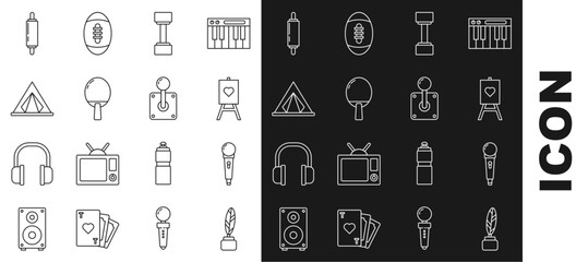 Set line Feather and inkwell, Microphone, Wood easel or painting art boards, Dumbbell, Racket for playing table tennis, Tourist tent, Rolling pin and Joystick arcade machine icon. Vector - Powered by Adobe
