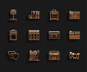 Set line Guitar pick, Harp, Music stand, Home stereo with two speakers, Drums, drum sticks, synthesizer and VHS video cassette tape icon. Vector