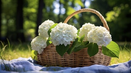 Fototapeta na wymiar Enjoy a Fresh Outdoor Cuisine with a Beautiful Bloom-Covered Picnic Basket
