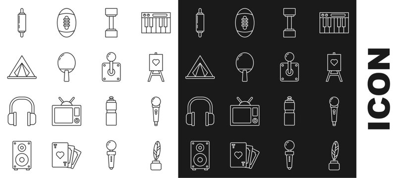 Set line Feather and inkwell, Microphone, Wood easel or painting art boards, Dumbbell, Racket for playing table tennis, Tourist tent, Rolling pin and Joystick arcade machine icon. Vector