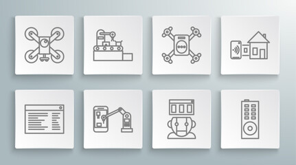 Set line Software, Factory conveyor system belt, Industrial machine robotic robot arm hand, Robot, Remote control, Drone flying with action camera, Smart home and icon. Vector