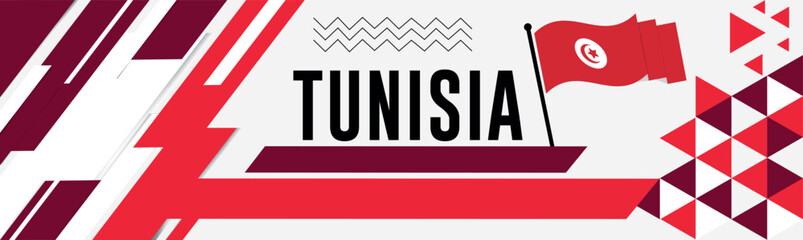TUNISIA national day banner with map, flag colors theme background and geometric abstract retro modern colorfull design with raised hands or fists.