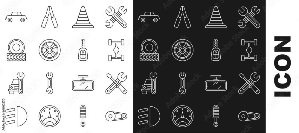 Canvas Prints Set line Timing belt kit, Screwdriver and wrench tools, Chassis car, Traffic cone, Car wheel, and key with remote icon. Vector