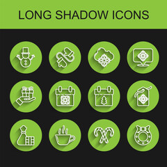 Set line Gift box and bag, Coffee cup, Christmas snowman, candy cane with stripes, wreath, Calendar, Price tag inscription Sale and icon. Vector