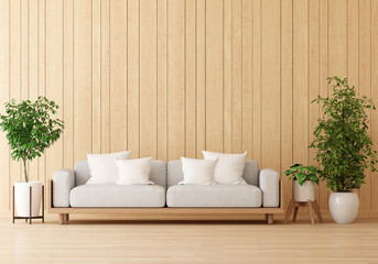 Sofa in wood living room interior with copy space for mock up 3D rendering