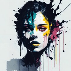 Portrait of a beautiful young woman with paint splashes on her face.