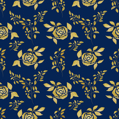 Watercolor seamless pattern with golden roses. Vintage golden roses. Hand drawn. Roses on a dark blue background.