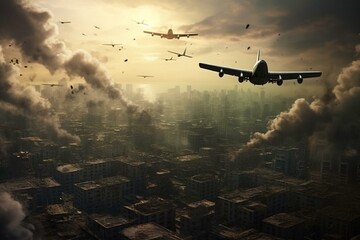 Warplanes soar above urban buildings in a tranquil city. Generative AI
