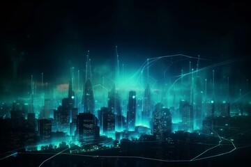 Silhouette futuristic city surrounded by advanced global technology network with a wave of sound. Generative AI