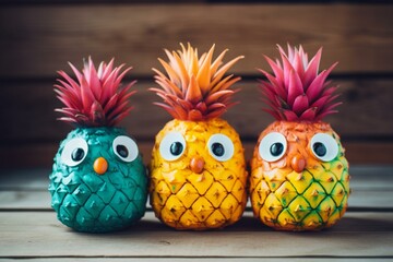 Colorful pineapples with adorable eyes. Generative AI