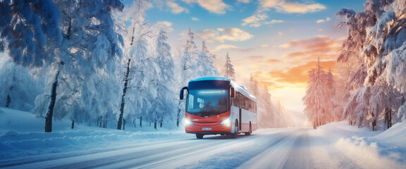 Bus on asphalt road in beautiful winter day at countryside in snowfall