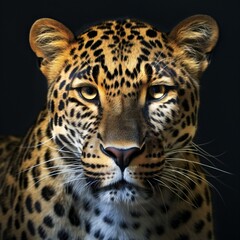 Portrait of a leopard in front of a black background