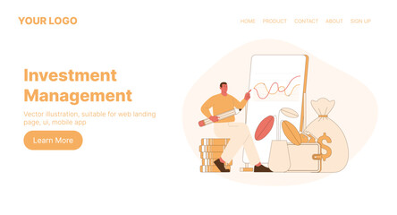 Investment Management. Web Landing Page Design. Flat Cartoon Vector Illustration.