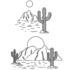 Cactus in desert line art landscape