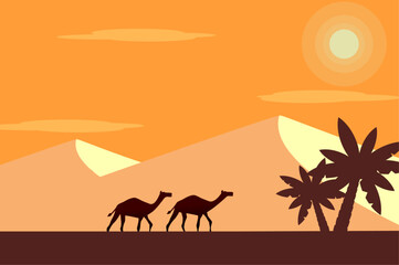 Desert sunset landscape with pyramids and caravan