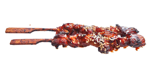  Delicious skewers of teriyaki chicken over isolated white background