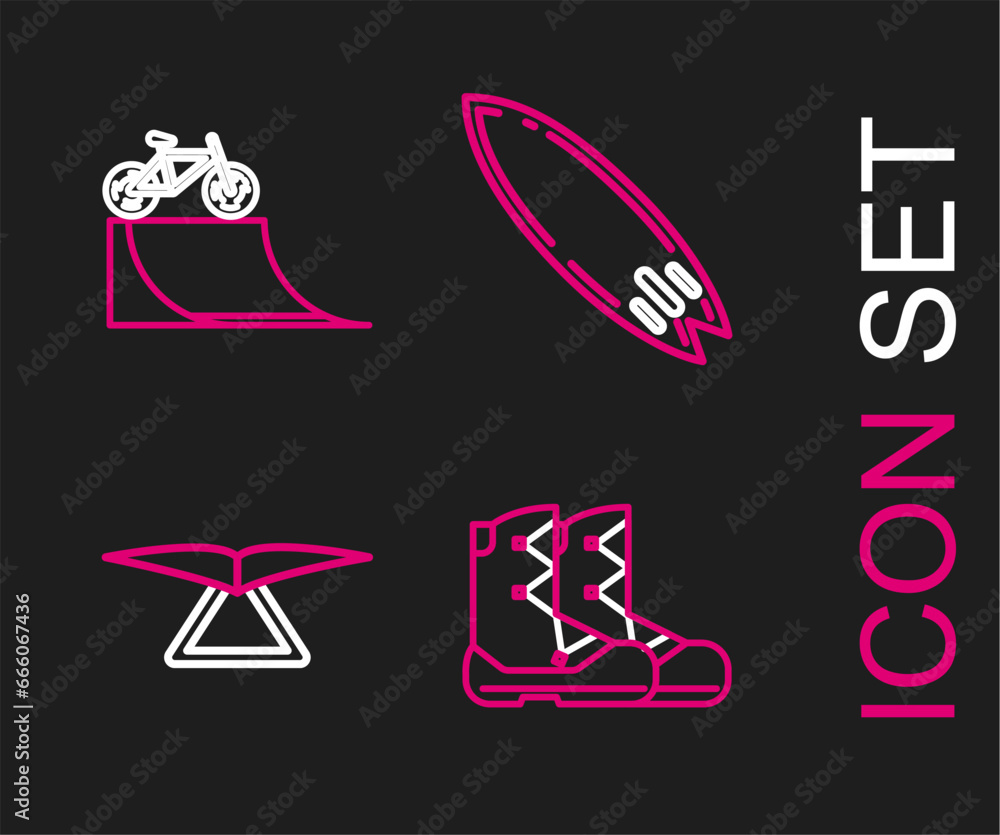 Wall mural Set line Boots, Hang glider, Surfboard and Bicycle on street ramp icon. Vector