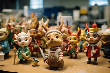 In the festive toy factory, busy elves create toys - painting dolls, sculpting Santa figures, sewing teddy bears, and more. The workshop is filled with joy and creativity. Generative AI