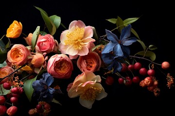 Vibrant floral arrangement up close against a dark backdrop. Generative AI