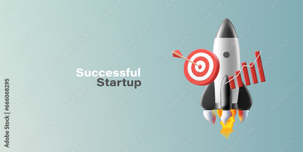 Poster 3d render illustration of start up rocket with bar chart and target board, success launch compositio