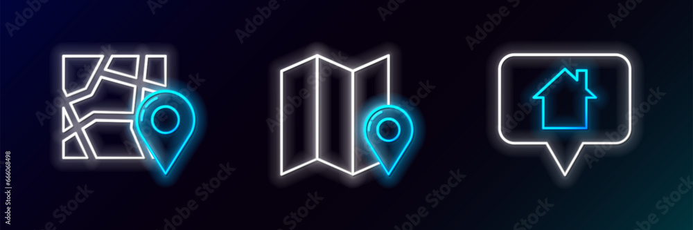Poster set line map pointer with house, folded map location marker and icon. glowing neon. vector
