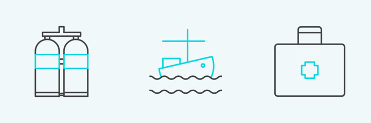 Set line First aid kit, Aqualung and Fishing boat on water icon. Vector