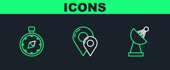 Set line Radar, Compass and Map pin icon. Vector