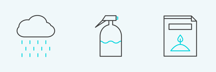 Set line A pack full of seeds of a specific plant, Cloud with rain and Garden sprayer icon. Vector