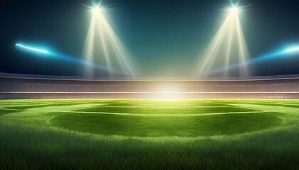Illuminated grassy field with spotlight beams, night stadium view reflected on the lawn
