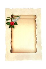 Christmas paper scroll on parchment and white background with holly mistletoe ivy and fir. Old fashioned retro Xmas stationery design for the Noel Yule holiday season. 