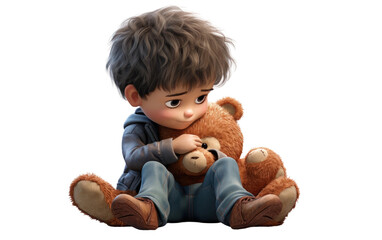 Despondent Boy Slightly Hunched With A Brown Tidy Bear 3D Character Isolated on Transparent Background PNG.
