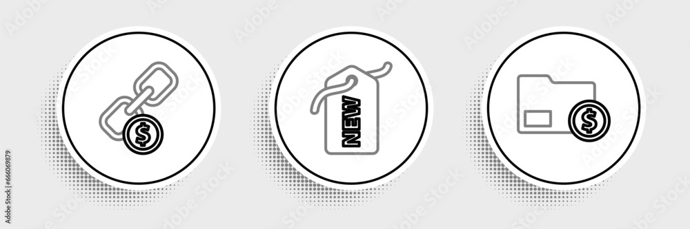 Poster set line envelope with coin dollar, chain link and and price tag new icon. vector