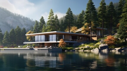  a house on the shore of a lake surrounded by trees.  generative ai