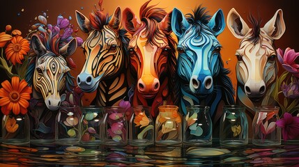  a painting of a group of zebras with vases.  generative ai