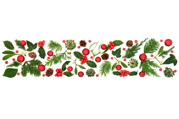 Christmas winter holly mistletoe greenery, red bauble banner on white background Festive natural design for the holiday season.