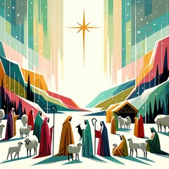 Christmas Nativity Scene. The shepherds visiting Jesus. Colorful artwork - obrazy, fototapety, plakaty