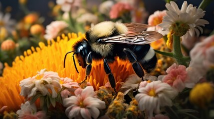  a bee sitting on top of a bunch of flowers next to a bunch of flowers.  generative ai
