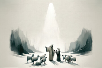 Christmas Nativity Scene. The shepherds visiting Jesus. Black and white artwork - obrazy, fototapety, plakaty