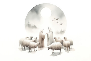 Christmas Nativity Scene. The shepherds visiting Jesus. Watercolor illustration 
