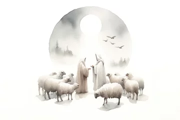 Fotobehang Christmas Nativity Scene. The shepherds visiting Jesus. Watercolor illustration  © Faith Stock