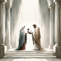Presentation of Jesus in the temple. Watercolor illustration - obrazy, fototapety, plakaty