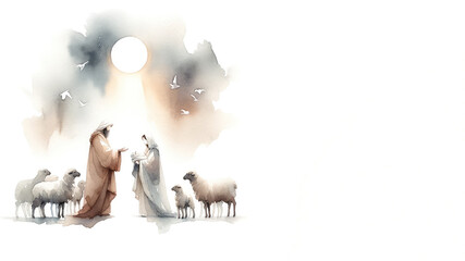 Christmas Nativity Scene. The shepherds visiting Jesus. Watercolor illustration  - obrazy, fototapety, plakaty