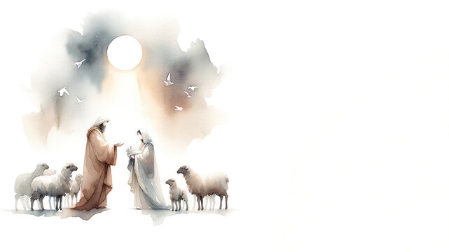 Christmas Nativity Scene. The shepherds visiting Jesus. Watercolor illustration 