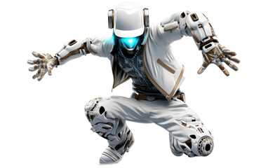 Energetic Breakdancing Silver Dress Robot 3D Character Isolated on Transparent Background PNG.