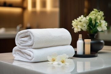 Fototapeta na wymiar White towels with jars of cream in the interior of the spa salon