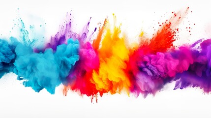 Vibrant Holi Explosion: Colorful Rainbow Powder Burst in Wide Panorama, Isolated on White for Web Background, Banner