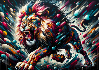 Vibrant Digital Artwork of a Majestic Lion Amidst a Burst of Colorful Abstract Shapes and Strokes