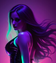 Fashion portrait of young beautiful woman with long hair in neon light