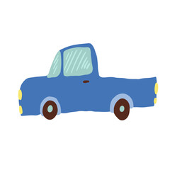 Children's transport doodles, funny pickup car. Vector graphics
